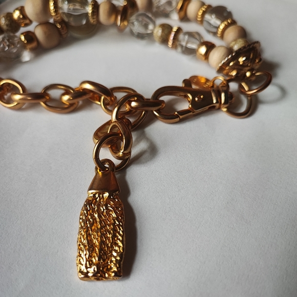 Limited Express Wood Acrylic Lucite Long EXP Gold Tone Dual Strand - Picture 5 of 16